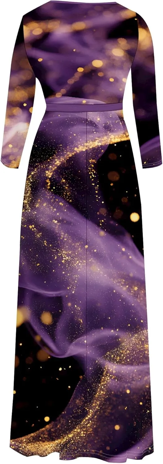 Maxi Dress Women Casual Print Waist wrap Long Dress Sexy V-Neck 3/4 Sleeve Wedding Guest Cocktail S-3XL