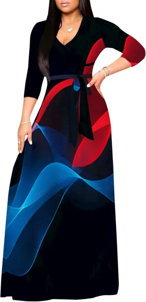 Maxi Dress Women Casual Print Waist wrap Long Dress Sexy V-Neck 3/4 Sleeve Wedding Guest Cocktail S-3XL