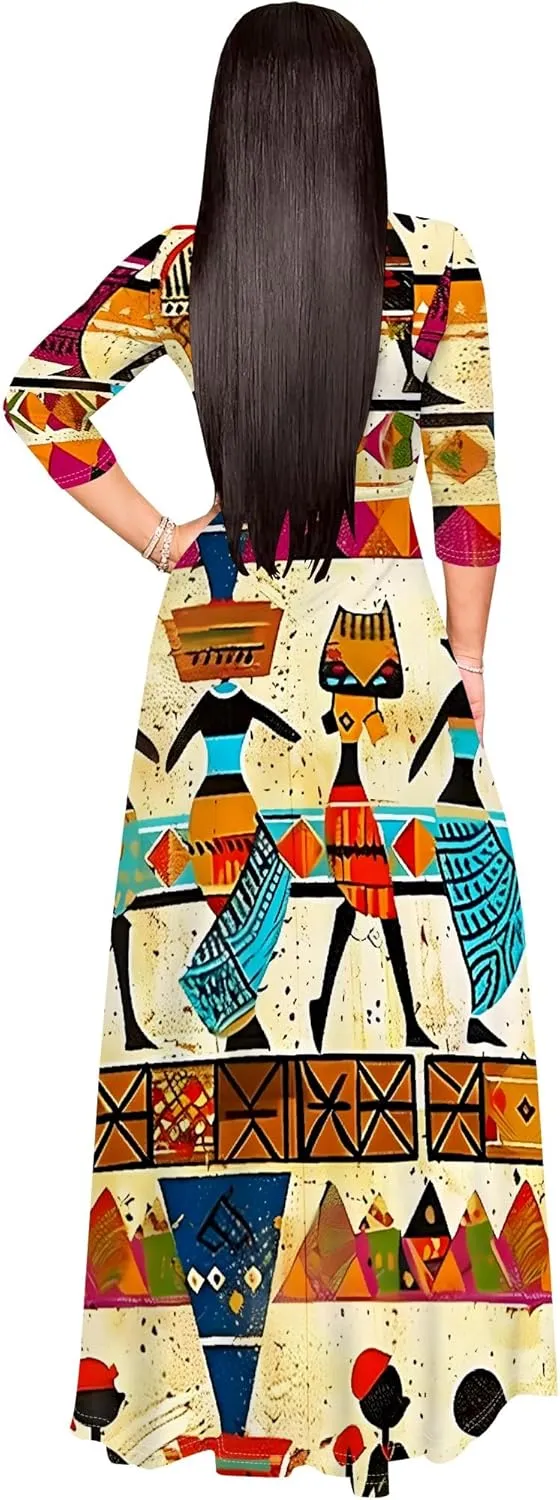 Maxi Dress Women Casual Print Waist wrap Long Dress Sexy V-Neck 3/4 Sleeve Wedding Guest Cocktail S-3XL