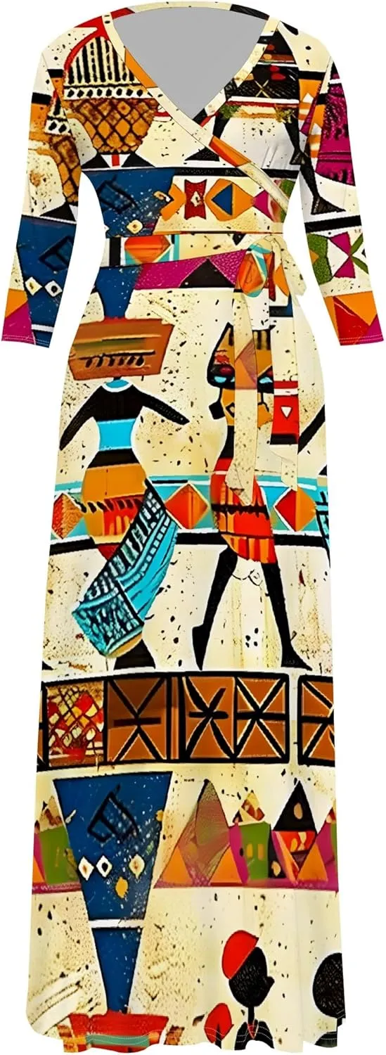 Maxi Dress Women Casual Print Waist wrap Long Dress Sexy V-Neck 3/4 Sleeve Wedding Guest Cocktail S-3XL