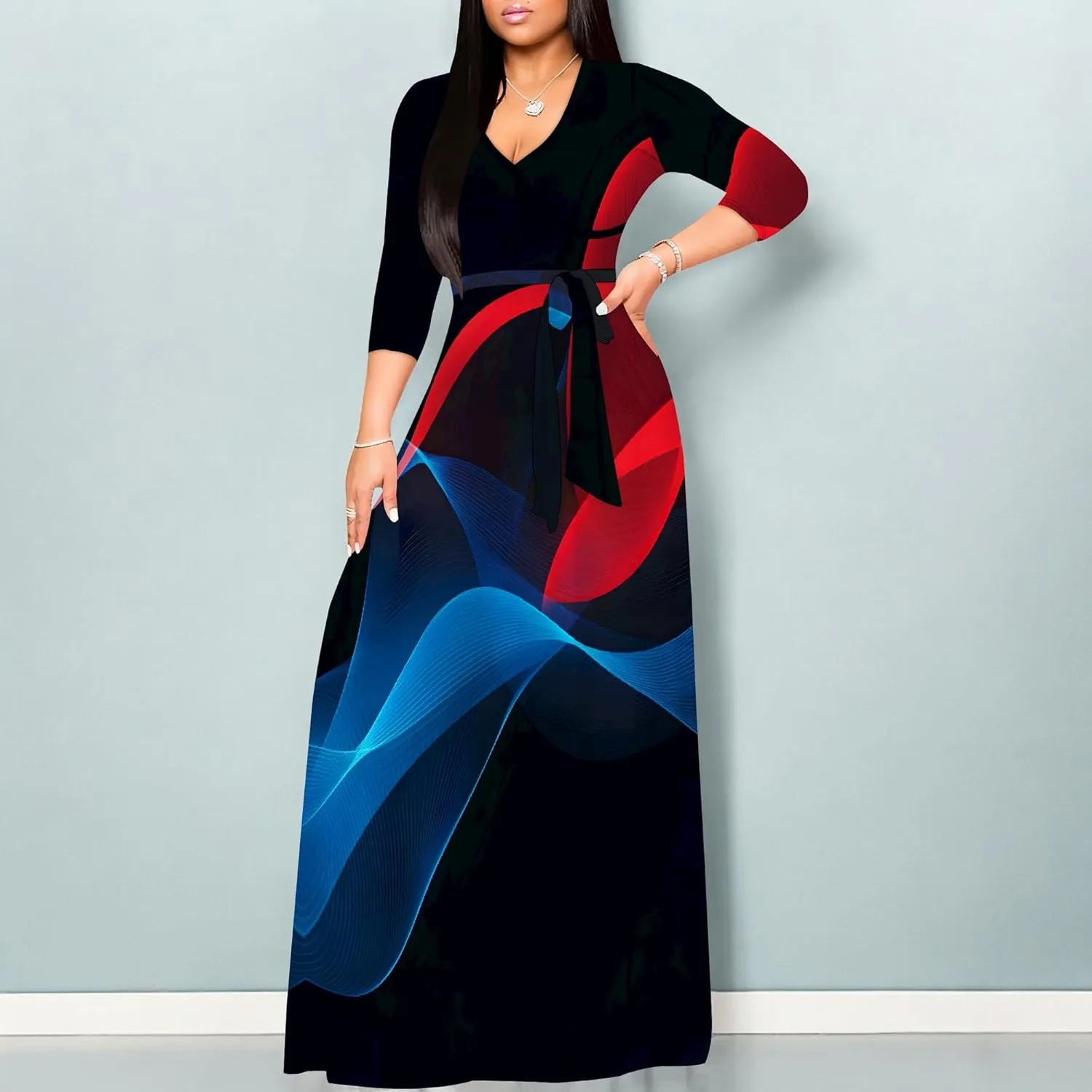Maxi Dress Women Casual Print Waist wrap Long Dress Sexy V-Neck 3/4 Sleeve Wedding Guest Cocktail S-3XL