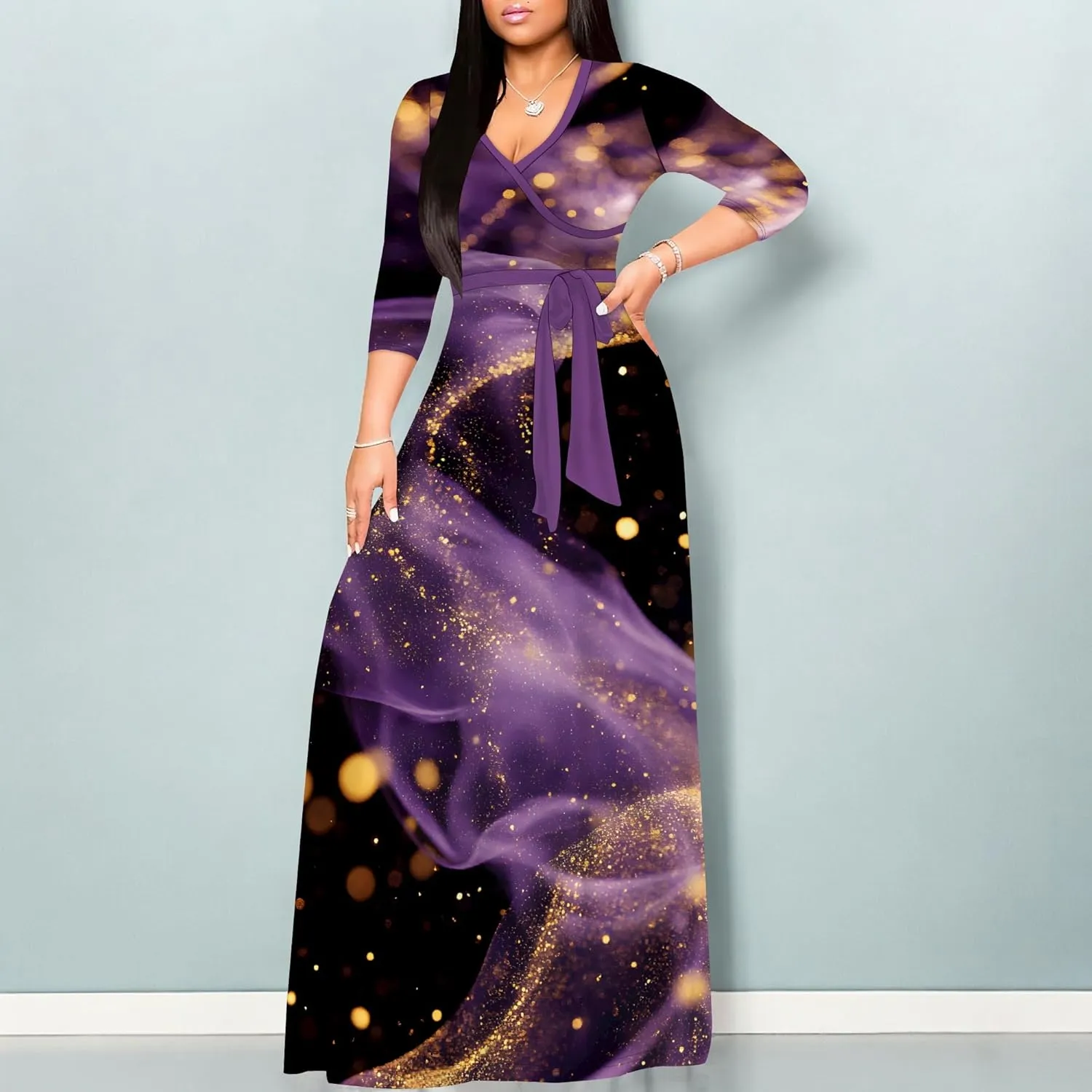 Maxi Dress Women Casual Print Waist wrap Long Dress Sexy V-Neck 3/4 Sleeve Wedding Guest Cocktail S-3XL