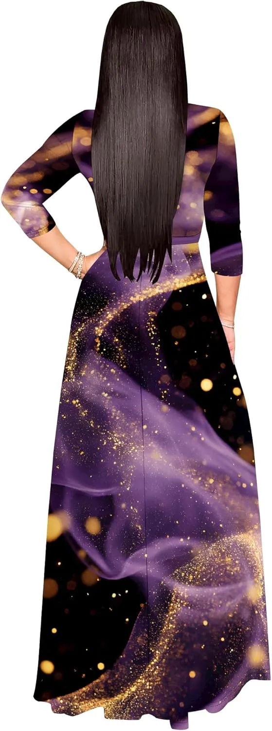 Maxi Dress Women Casual Print Waist wrap Long Dress Sexy V-Neck 3/4 Sleeve Wedding Guest Cocktail S-3XL
