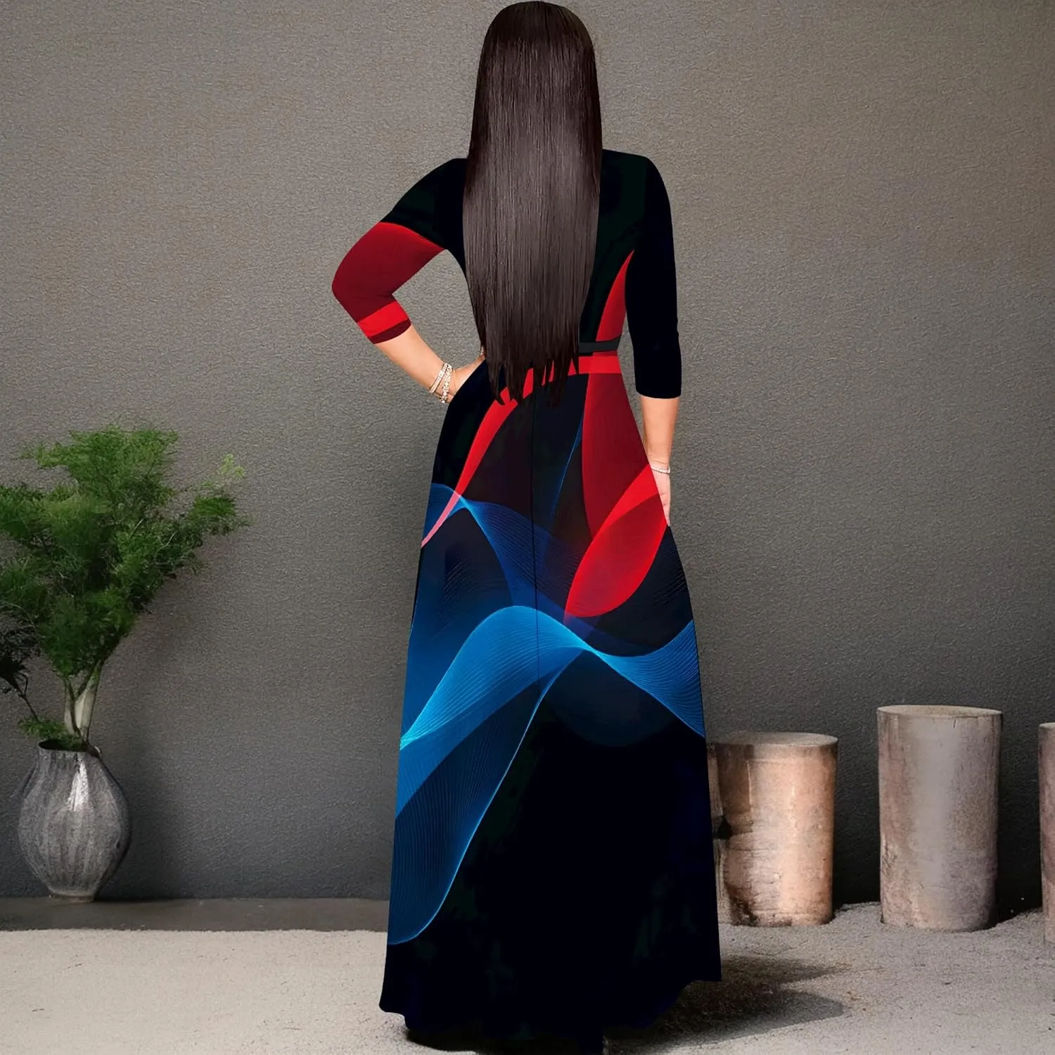 Maxi Dress Women Casual Print Waist wrap Long Dress Sexy V-Neck 3/4 Sleeve Wedding Guest Cocktail S-3XL