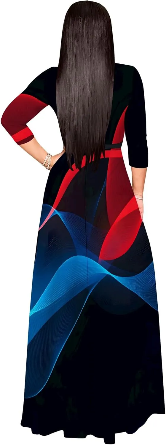 Maxi Dress Women Casual Print Waist wrap Long Dress Sexy V-Neck 3/4 Sleeve Wedding Guest Cocktail S-3XL
