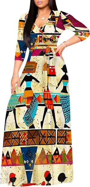 Maxi Dress Women Casual Print Waist wrap Long Dress Sexy V-Neck 3/4 Sleeve Wedding Guest Cocktail S-3XL