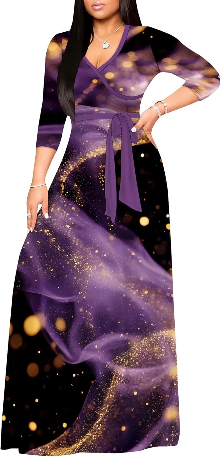 Maxi Dress Women Casual Print Waist wrap Long Dress Sexy V-Neck 3/4 Sleeve Wedding Guest Cocktail S-3XL