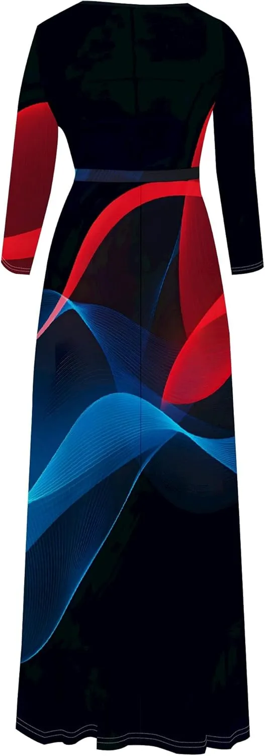 Maxi Dress Women Casual Print Waist wrap Long Dress Sexy V-Neck 3/4 Sleeve Wedding Guest Cocktail S-3XL