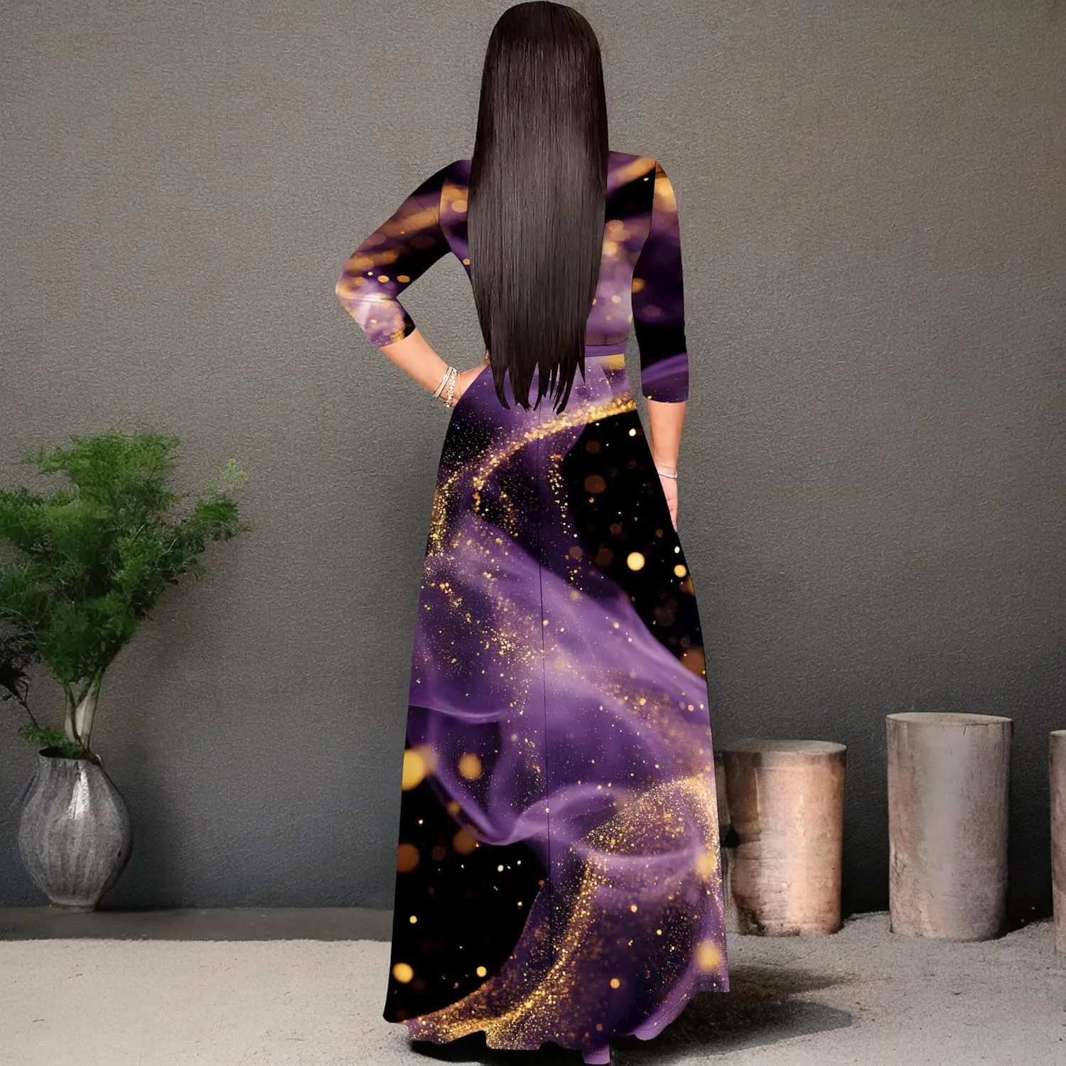 Maxi Dress Women Casual Print Waist wrap Long Dress Sexy V-Neck 3/4 Sleeve Wedding Guest Cocktail S-3XL