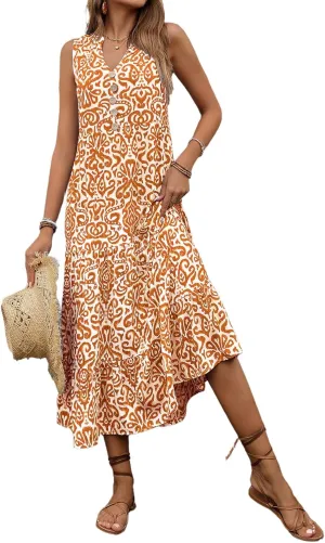 Melliflo Women's Summer Graphic Print Midi Dresses Sleeveless Buttons V Neck Tiered Sundress Casual Loose Fit Beach Dress