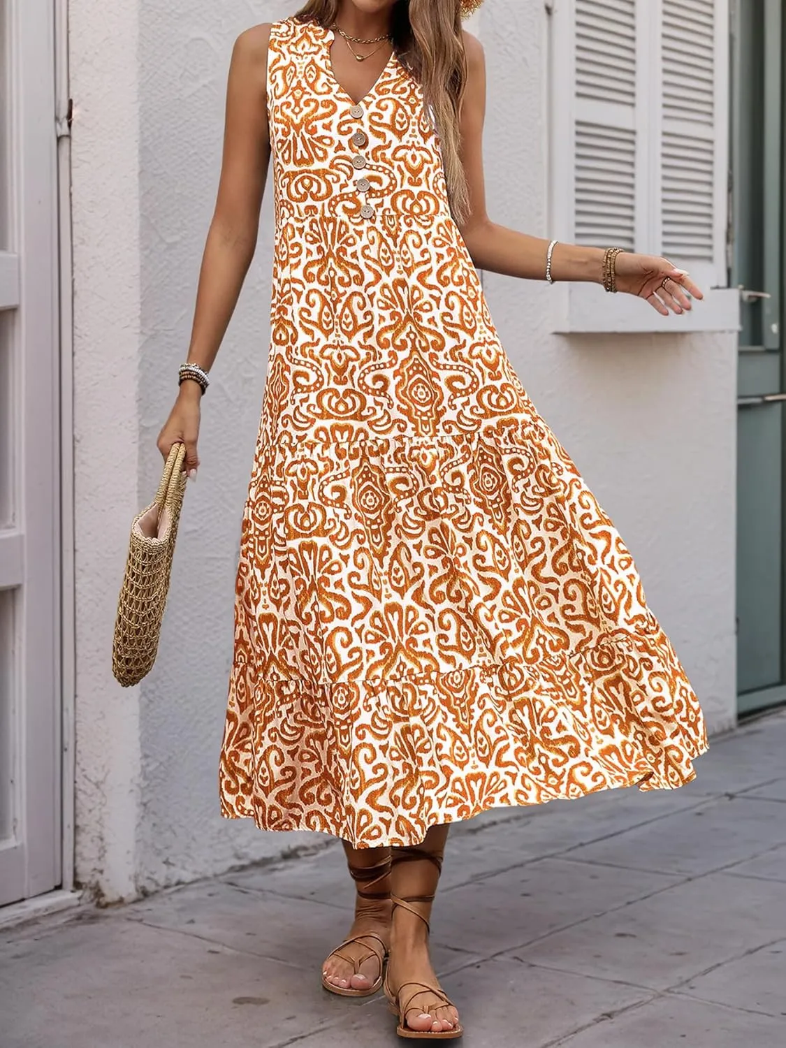 Melliflo Women's Summer Graphic Print Midi Dresses Sleeveless Buttons V Neck Tiered Sundress Casual Loose Fit Beach Dress