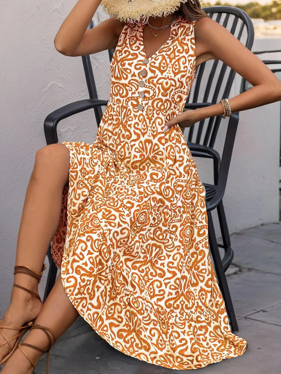 Melliflo Women's Summer Graphic Print Midi Dresses Sleeveless Buttons V Neck Tiered Sundress Casual Loose Fit Beach Dress