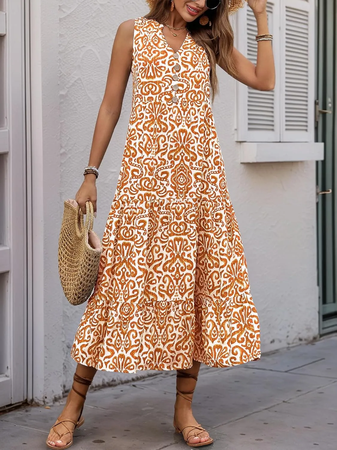 Melliflo Women's Summer Graphic Print Midi Dresses Sleeveless Buttons V Neck Tiered Sundress Casual Loose Fit Beach Dress