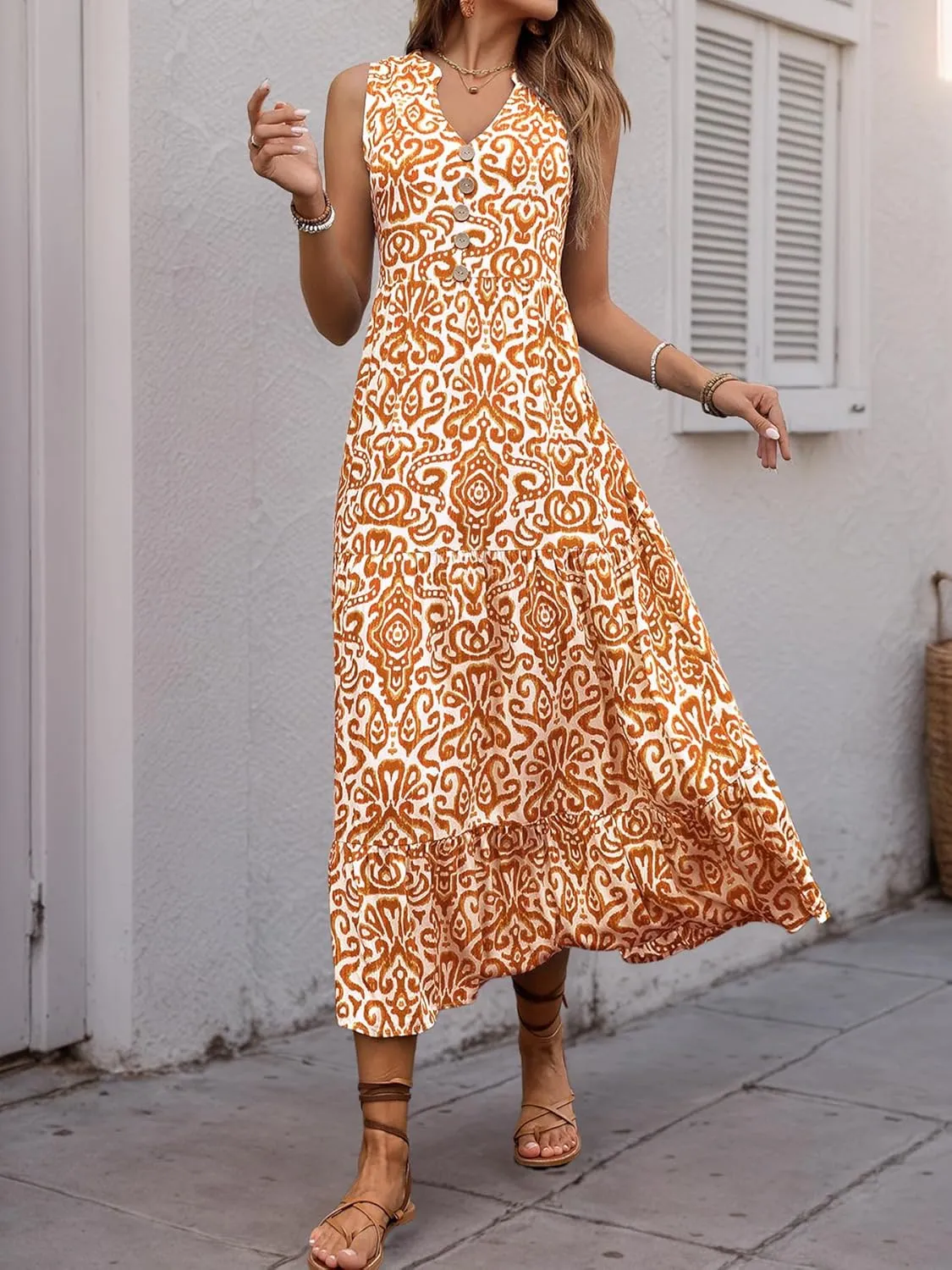 Melliflo Women's Summer Graphic Print Midi Dresses Sleeveless Buttons V Neck Tiered Sundress Casual Loose Fit Beach Dress