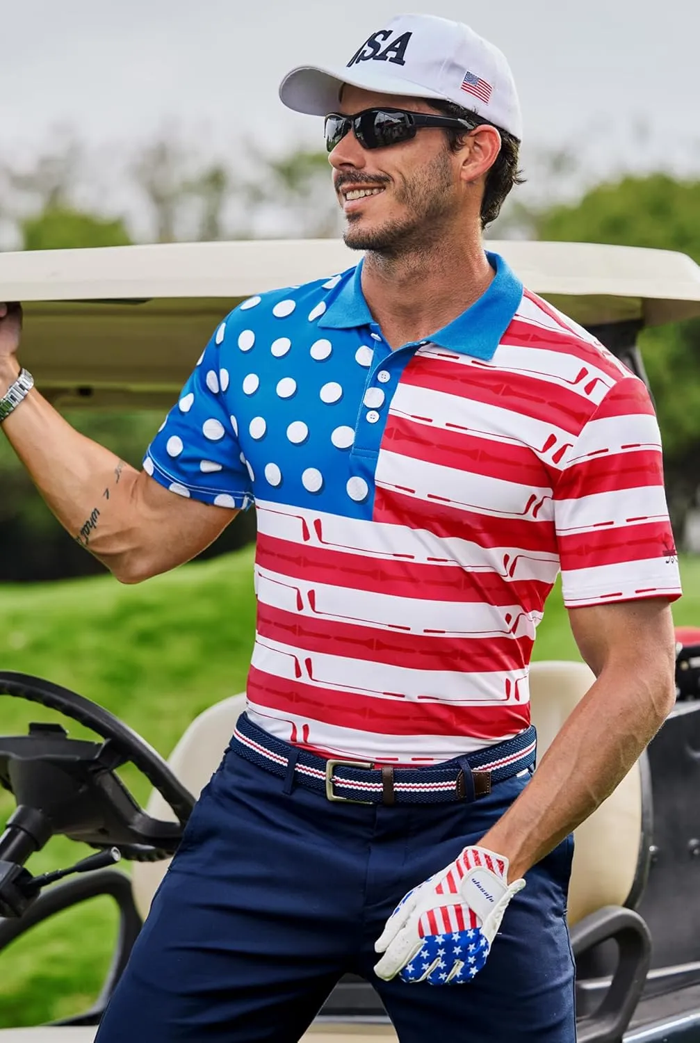 Men American Flag Golf Polo Stretch Moisture Wicking Patriotic 4th of July Shirts (S-3XL)