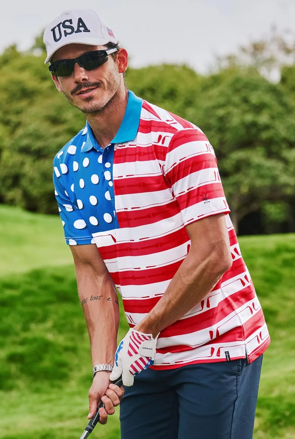 Men American Flag Golf Polo Stretch Moisture Wicking Patriotic 4th of July Shirts (S-3XL)