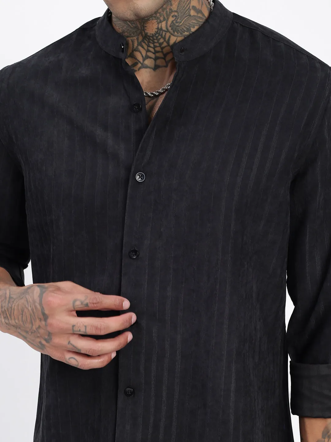 Men Black Standard Band Collar Textured Cotton Casual Shirt