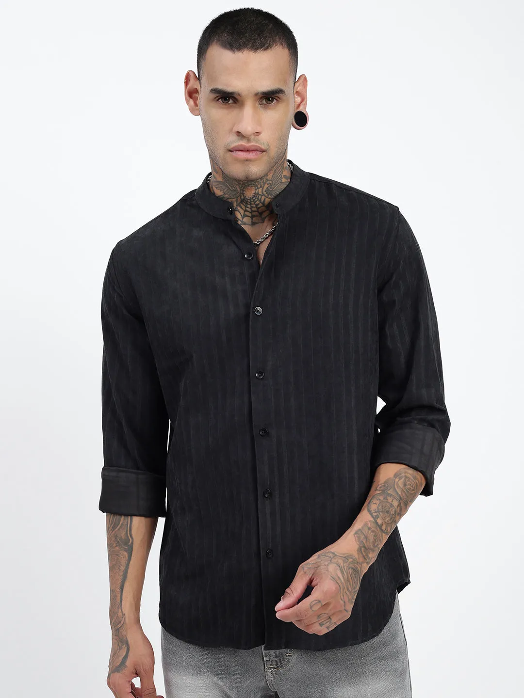 Men Black Standard Band Collar Textured Cotton Casual Shirt