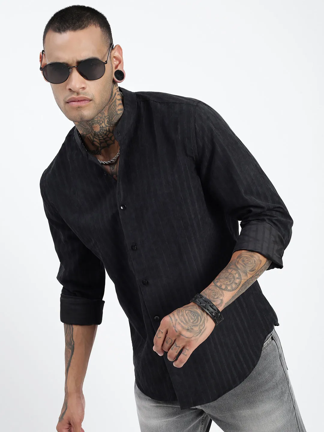 Men Black Standard Band Collar Textured Cotton Casual Shirt