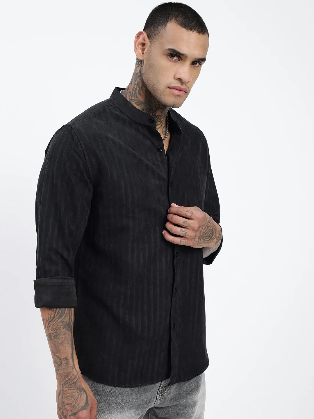 Men Black Standard Band Collar Textured Cotton Casual Shirt