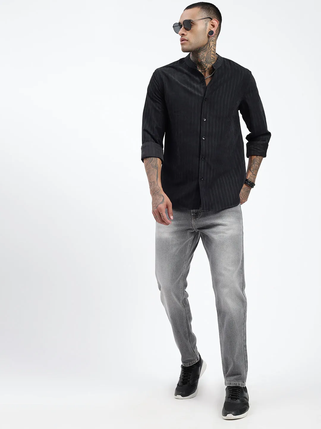 Men Black Standard Band Collar Textured Cotton Casual Shirt