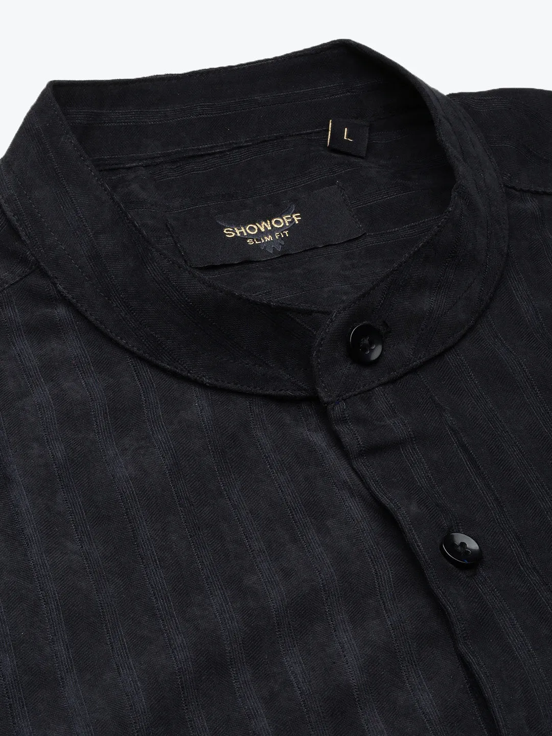 Men Black Standard Band Collar Textured Cotton Casual Shirt