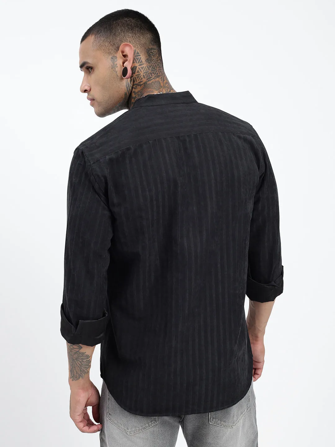 Men Black Standard Band Collar Textured Cotton Casual Shirt