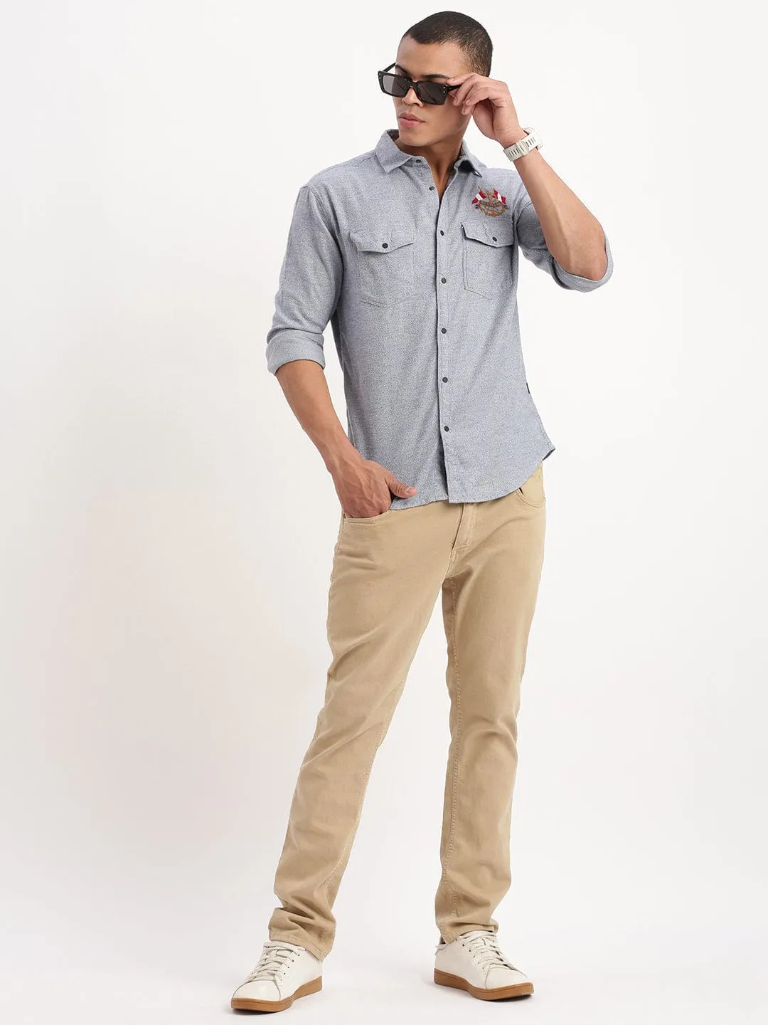 Men Blue Standard Textured Slim Fit Cotton Casual Shirt