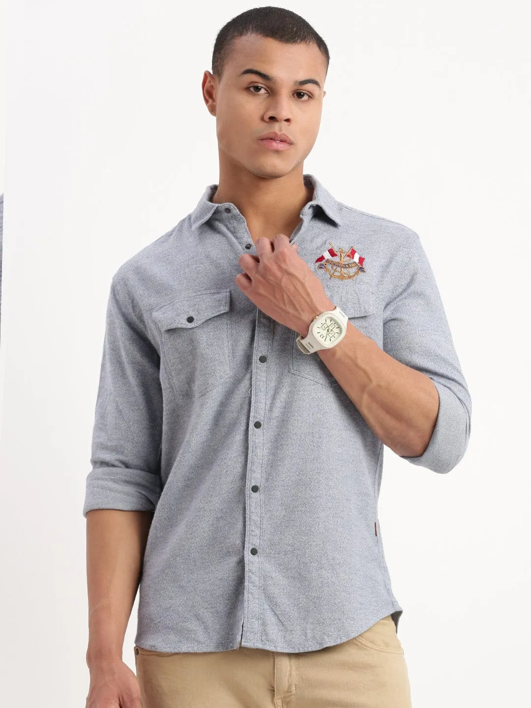 Men Blue Standard Textured Slim Fit Cotton Casual Shirt