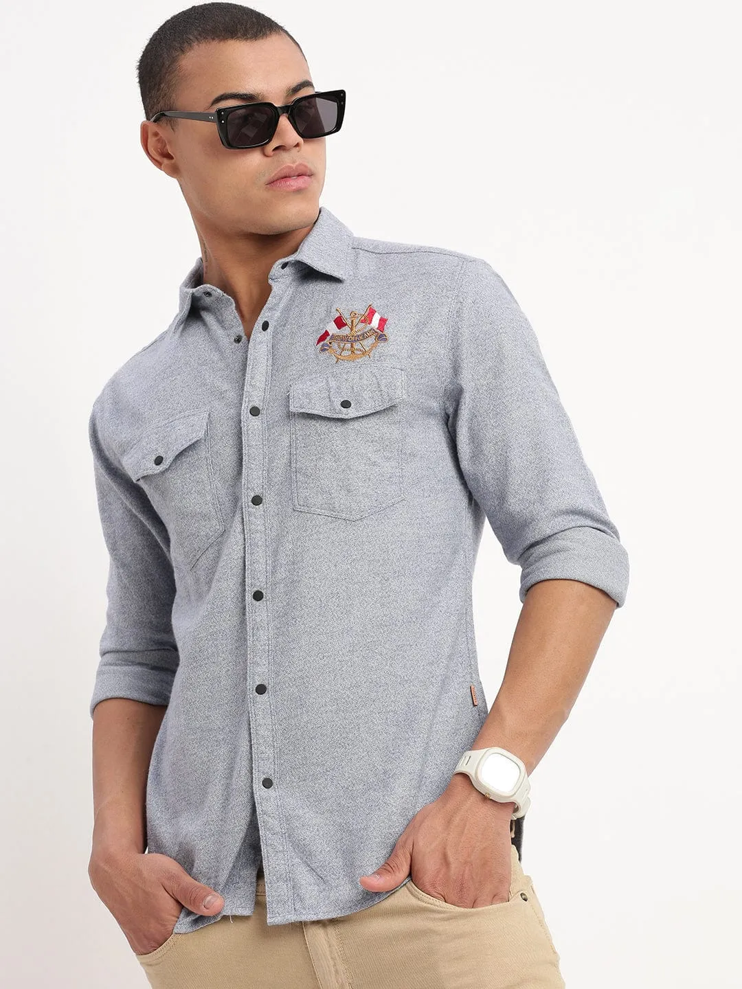 Men Blue Standard Textured Slim Fit Cotton Casual Shirt