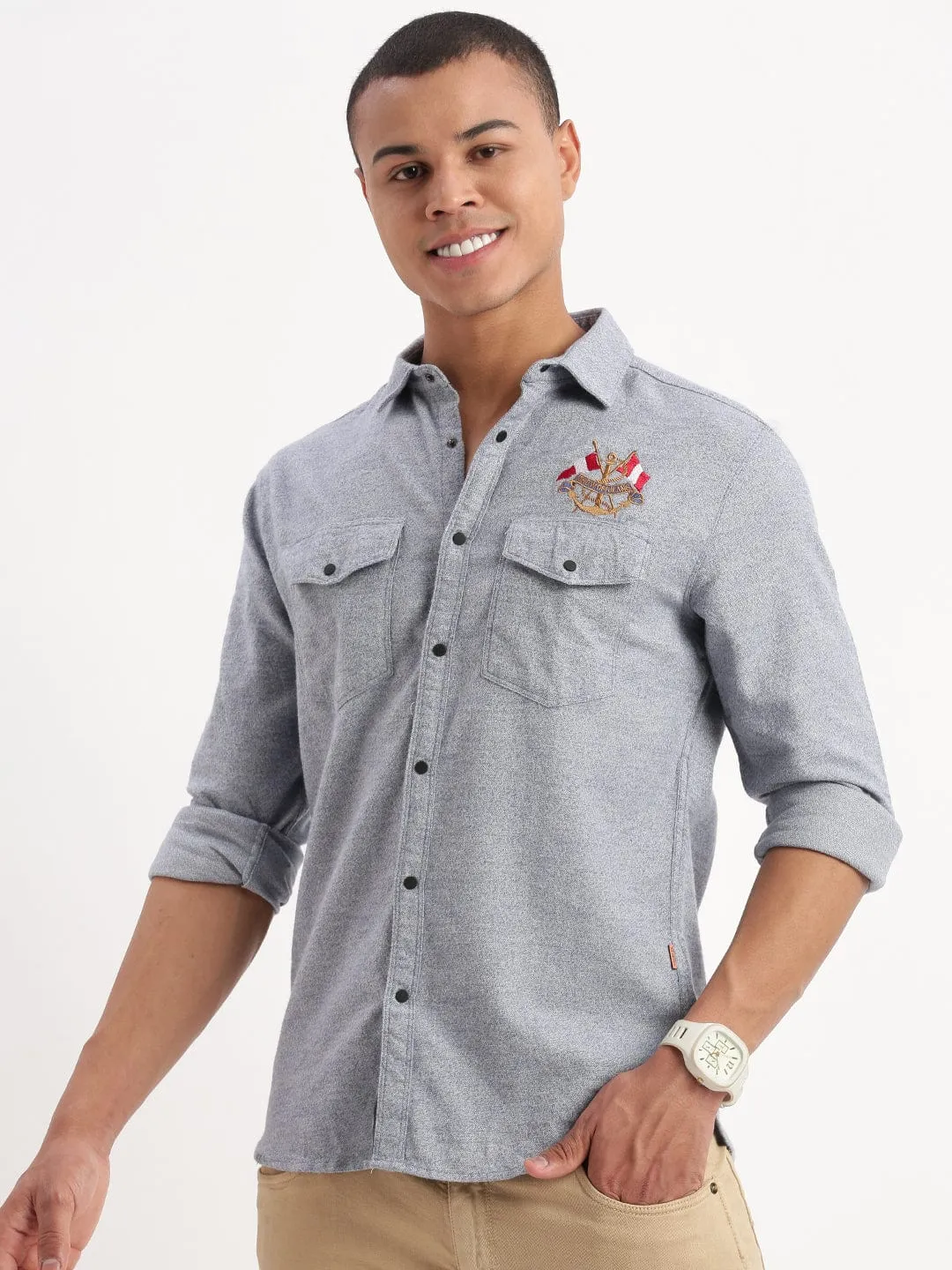 Men Blue Standard Textured Slim Fit Cotton Casual Shirt