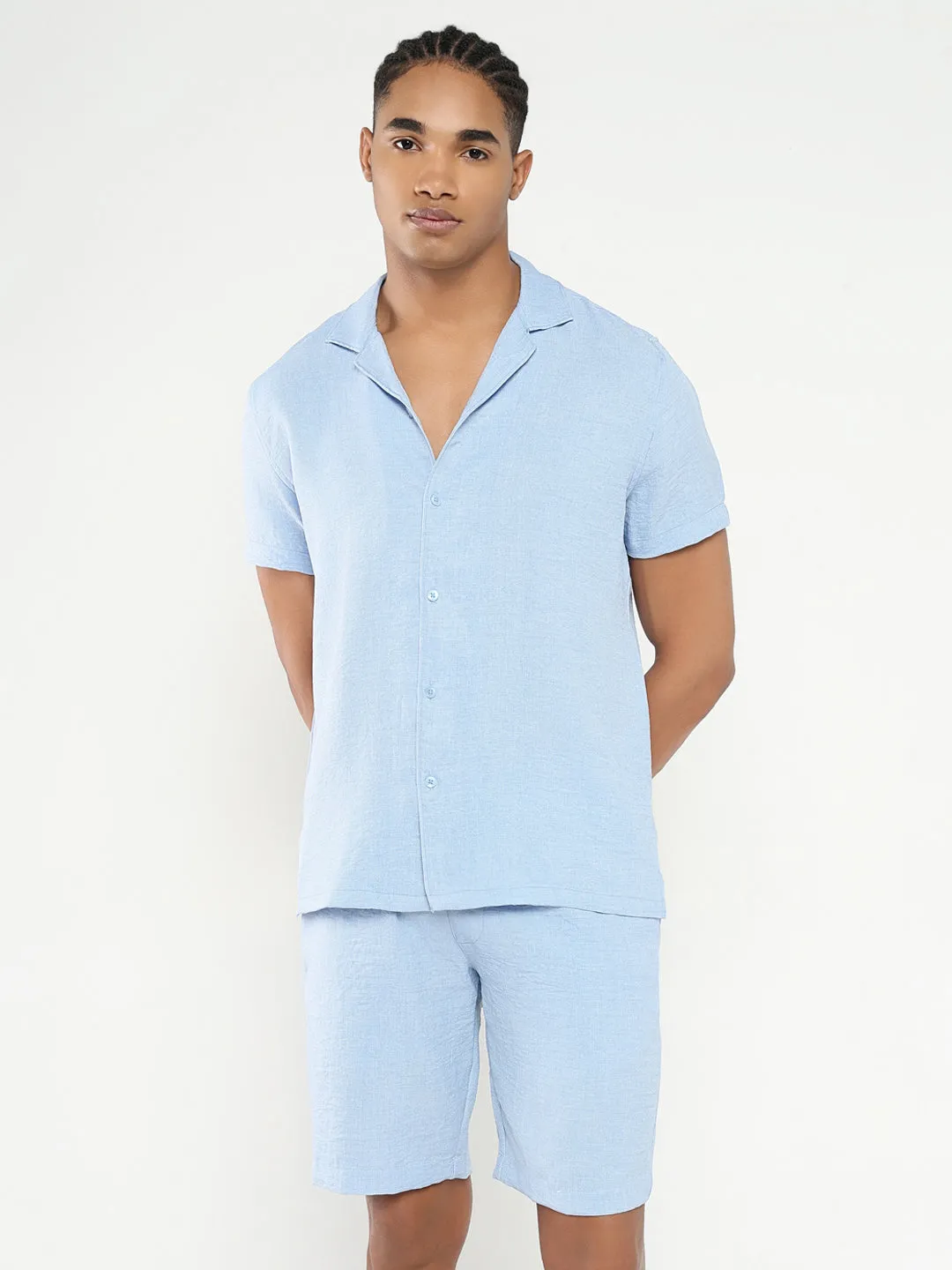 Men Blue Textured Solid Co Ords Set