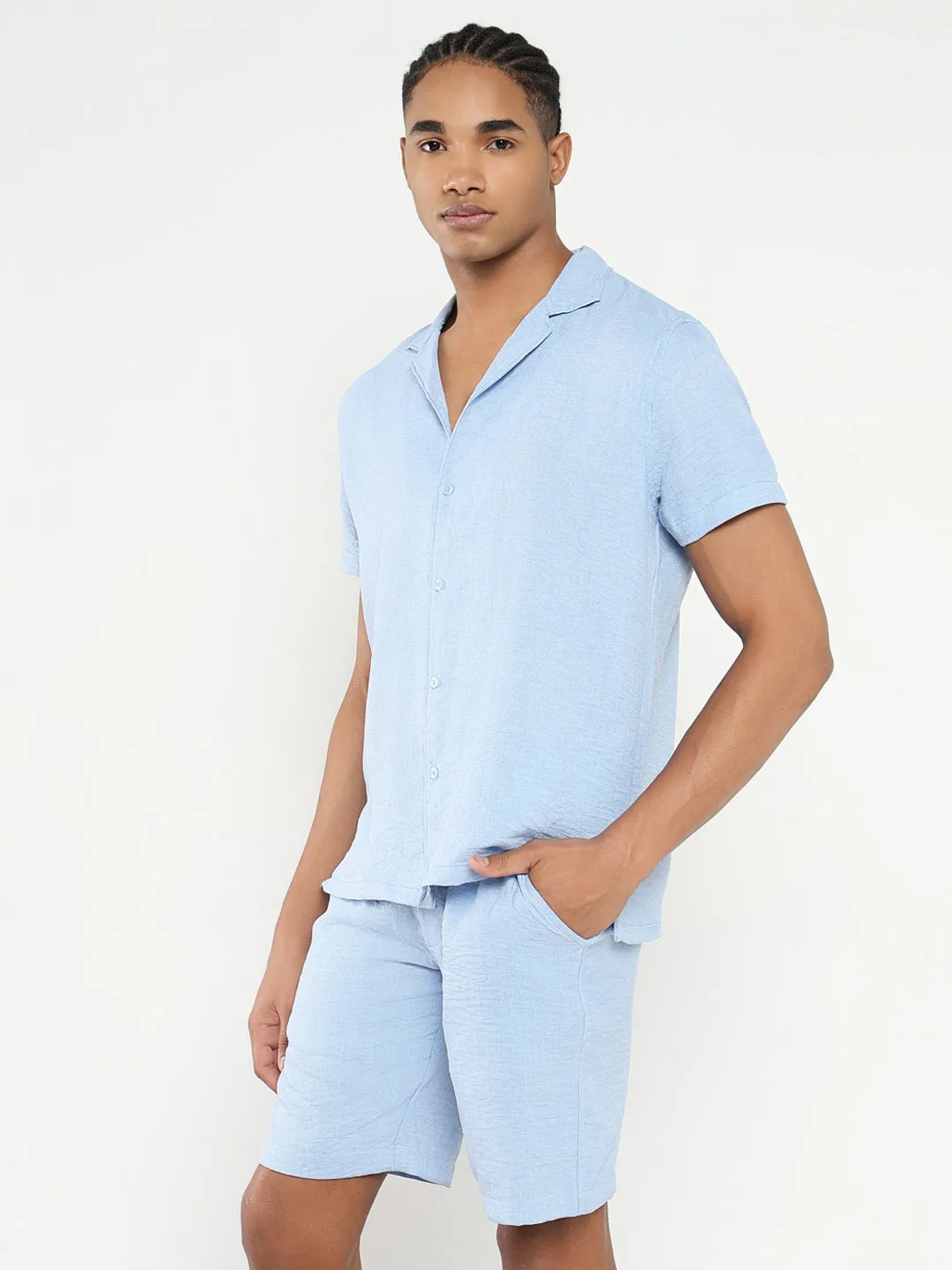 Men Blue Textured Solid Co Ords Set