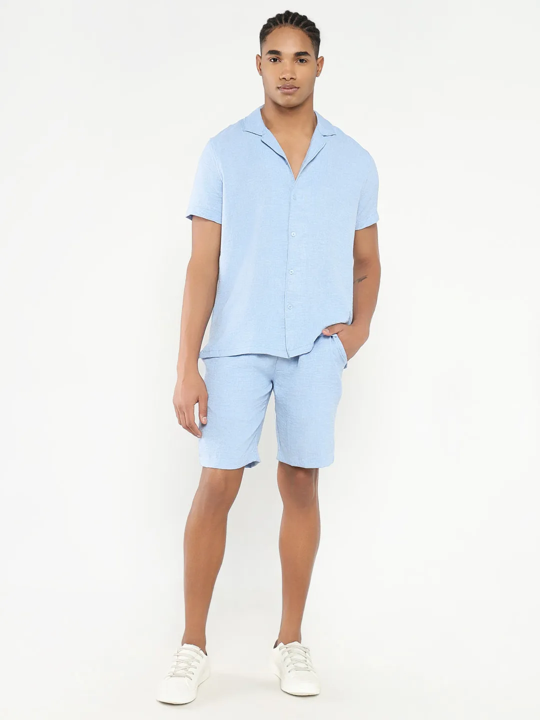 Men Blue Textured Solid Co Ords Set