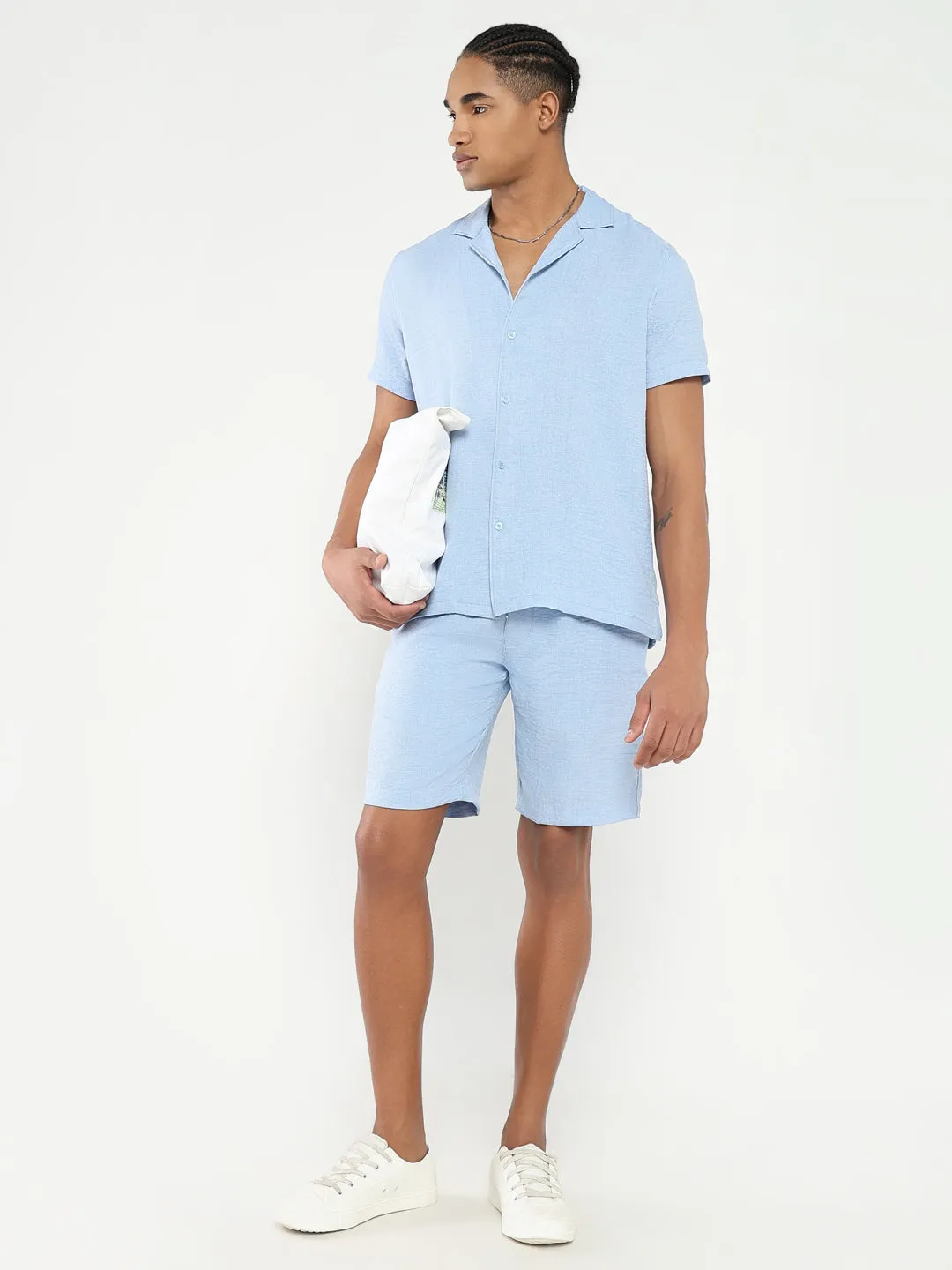 Men Blue Textured Solid Co Ords Set