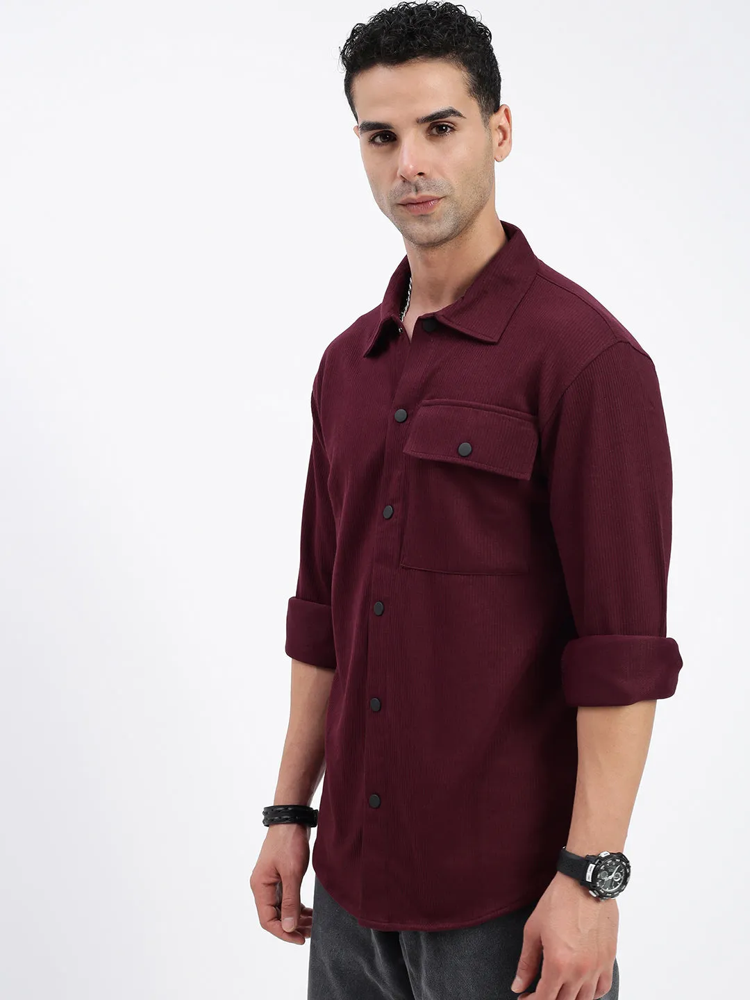 Men Burgundy Standard Spread Collar Textured Cotton Casual Shirt