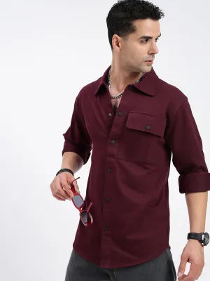 Men Burgundy Standard Spread Collar Textured Cotton Casual Shirt