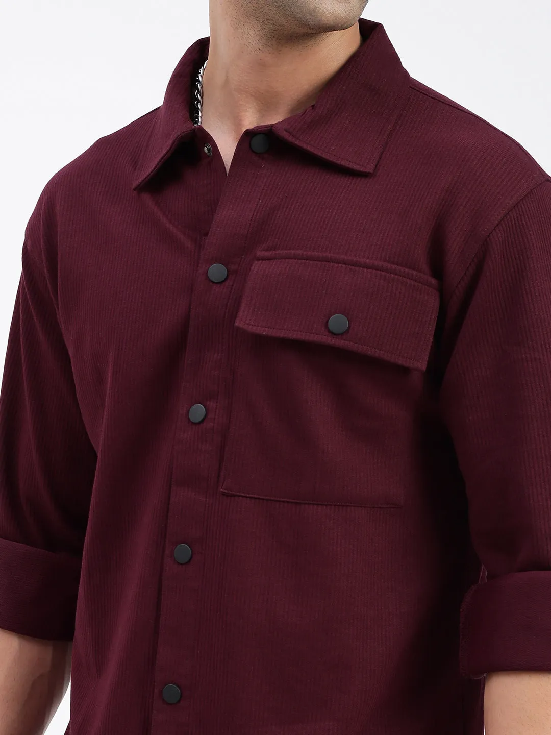 Men Burgundy Standard Spread Collar Textured Cotton Casual Shirt