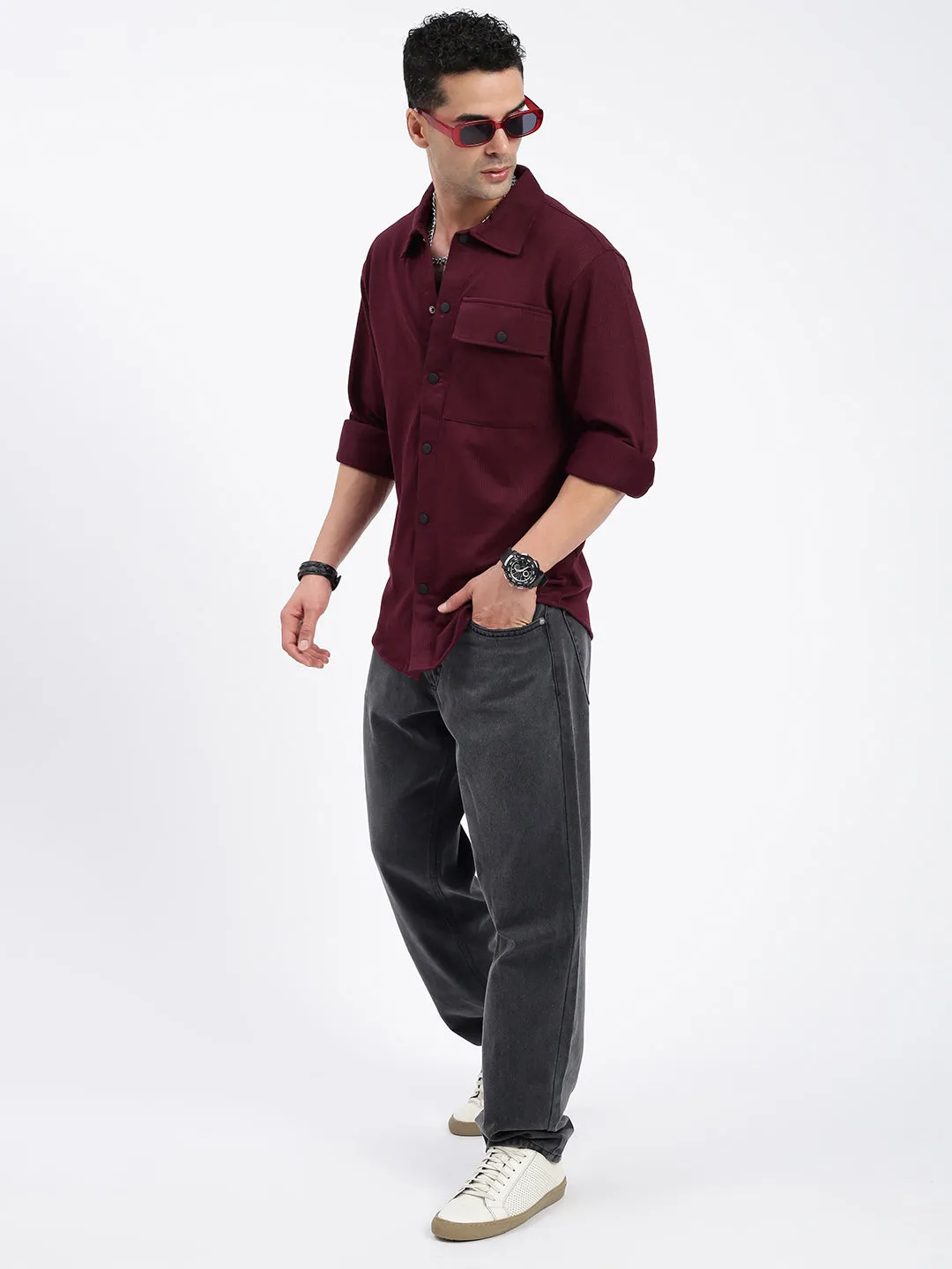 Men Burgundy Standard Spread Collar Textured Cotton Casual Shirt
