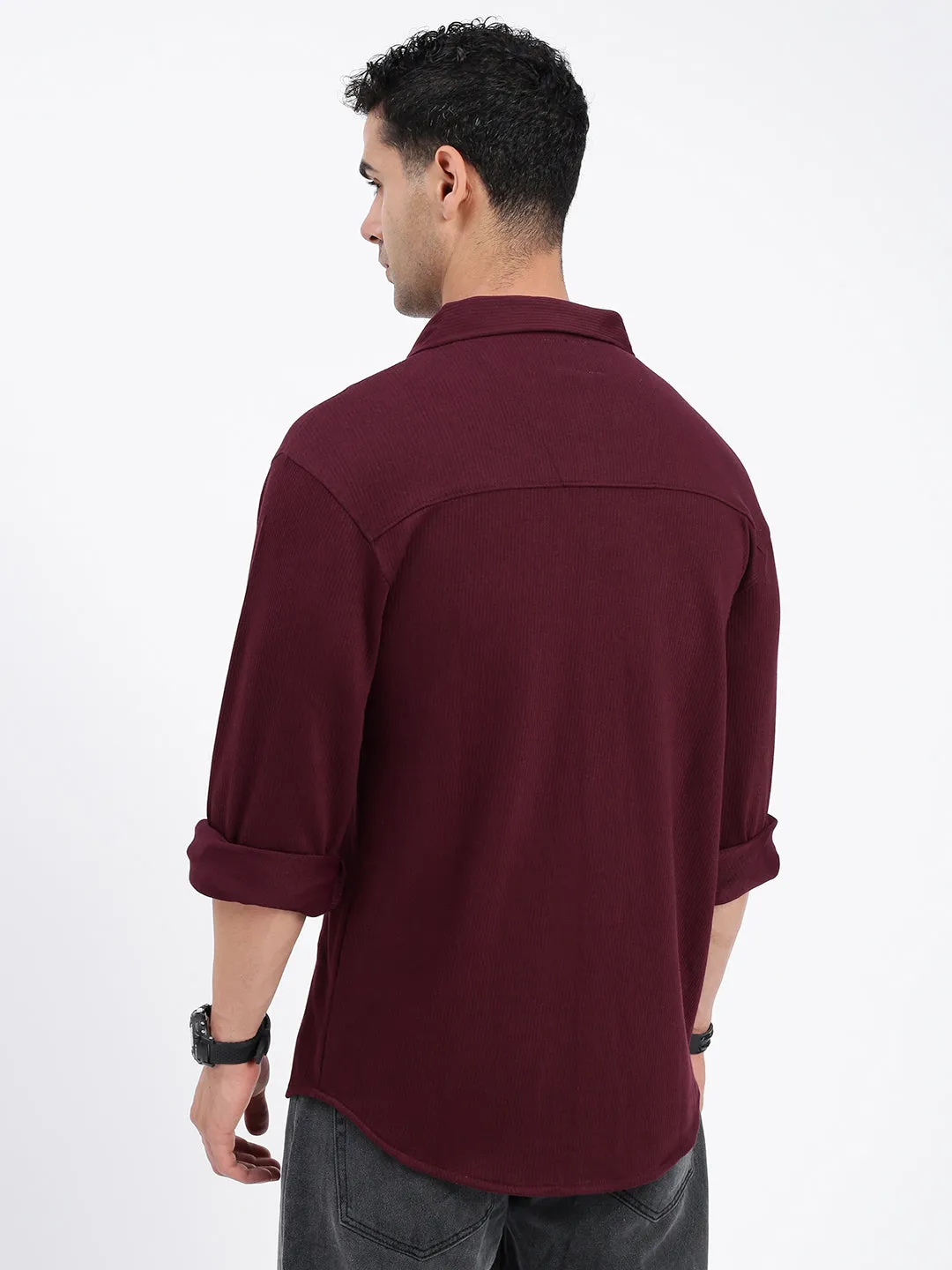 Men Burgundy Standard Spread Collar Textured Cotton Casual Shirt