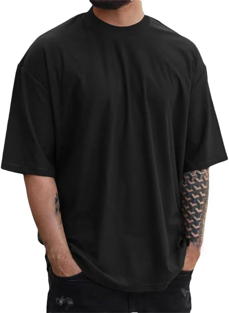 Men Cotton Heavyweight Small Neck T-Shirts Solid Color Male Short-Sleeved TOP
