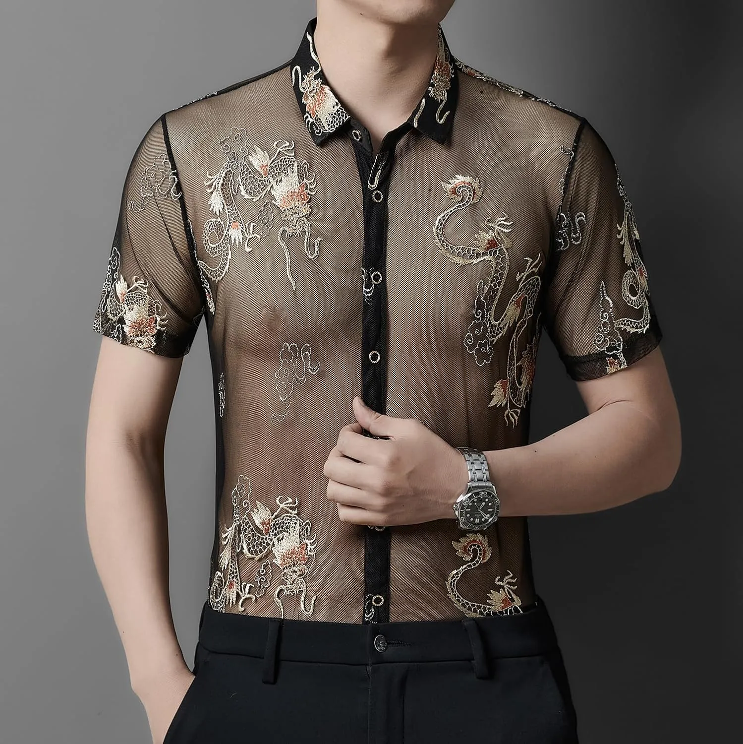 Men Women See Through Shirts Sexy Short Sleeve Night Club Fishnet Lace Shirt
