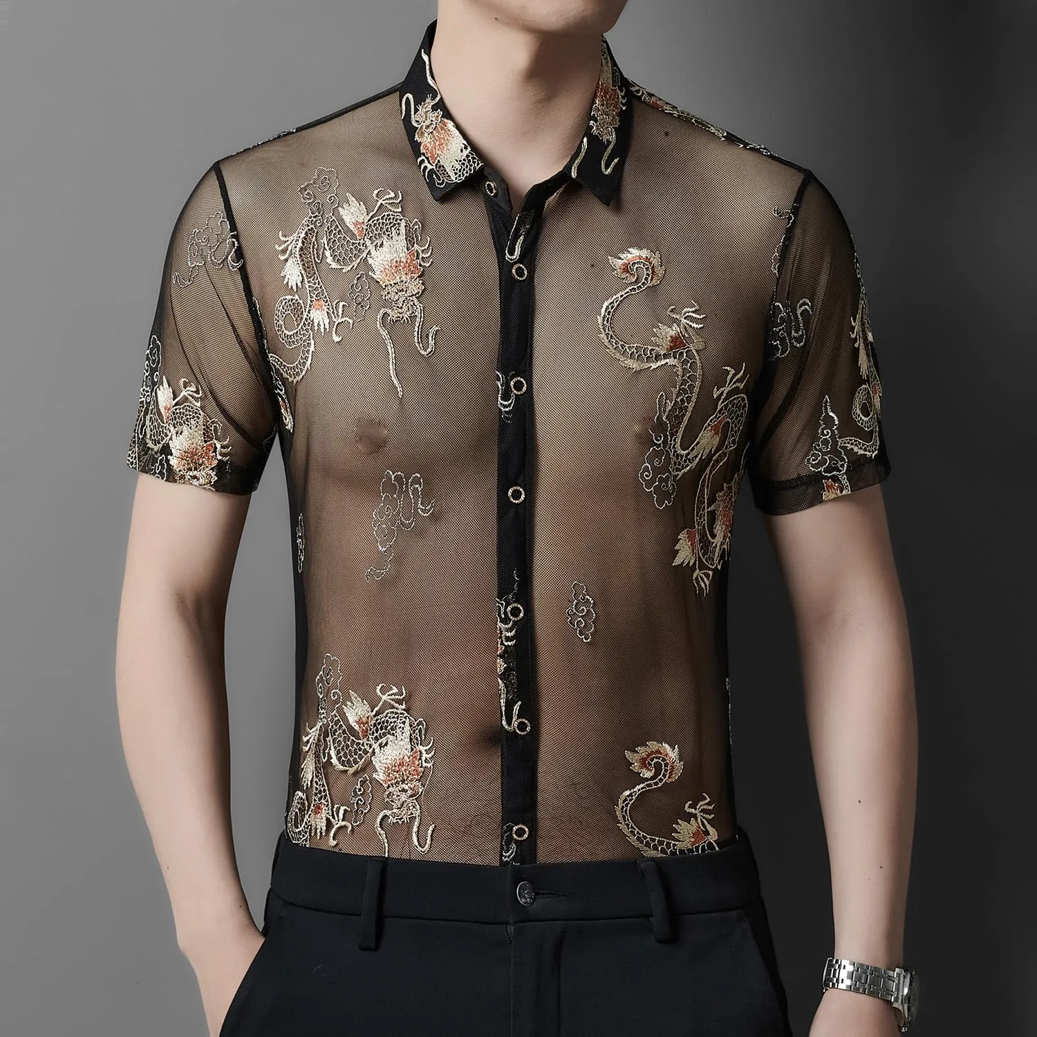 Men Women See Through Shirts Sexy Short Sleeve Night Club Fishnet Lace Shirt
