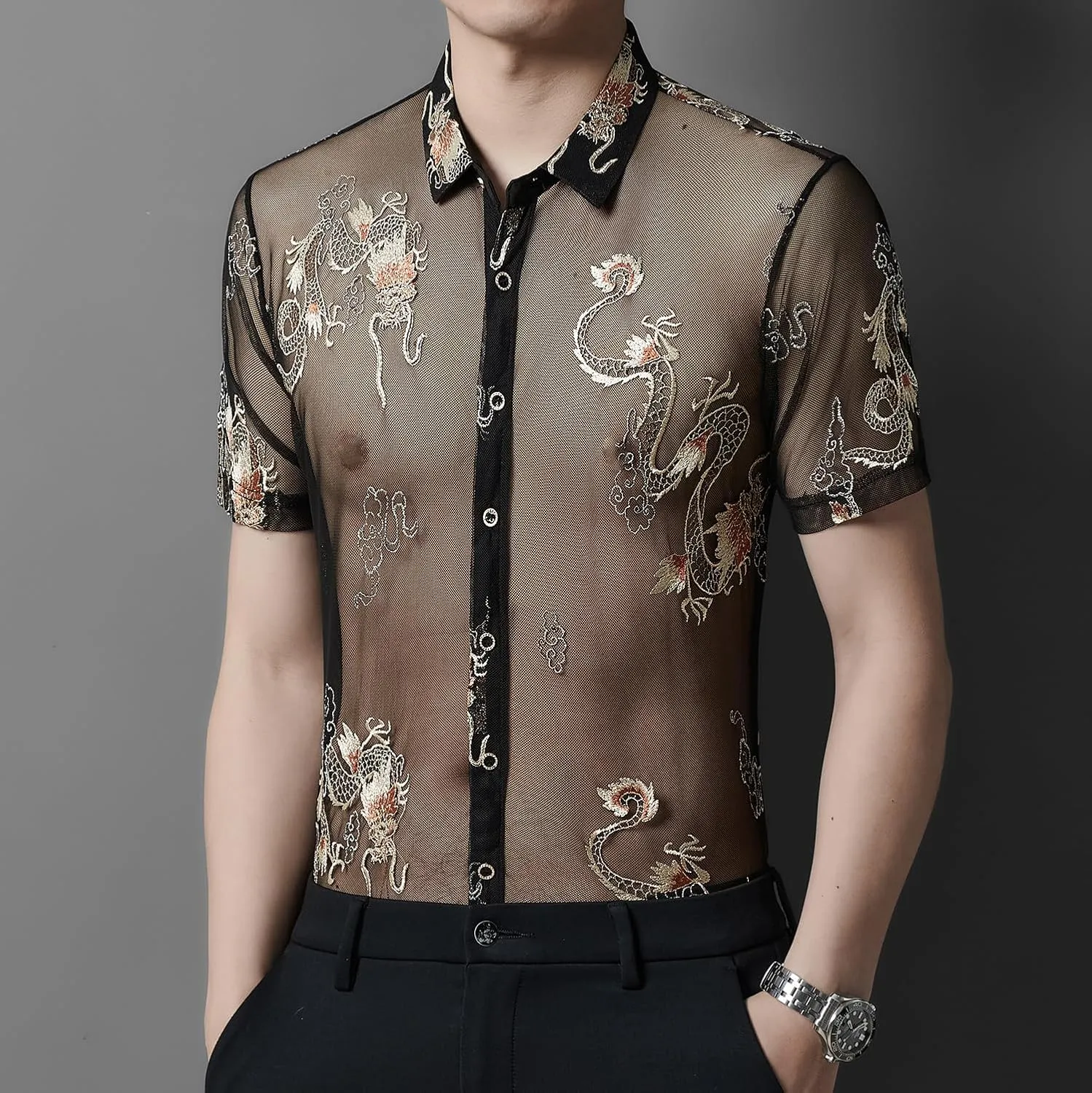 Men Women See Through Shirts Sexy Short Sleeve Night Club Fishnet Lace Shirt