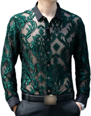 Men Women See Through Shirts Sexy Short Sleeve Night Club Fishnet Lace Shirt