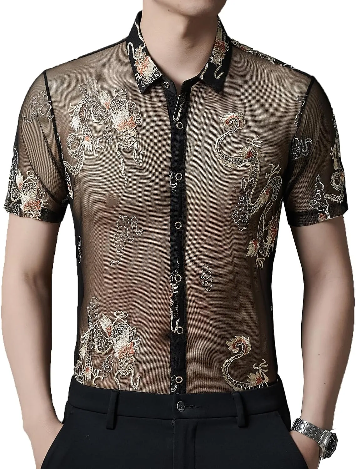 Men Women See Through Shirts Sexy Short Sleeve Night Club Fishnet Lace Shirt