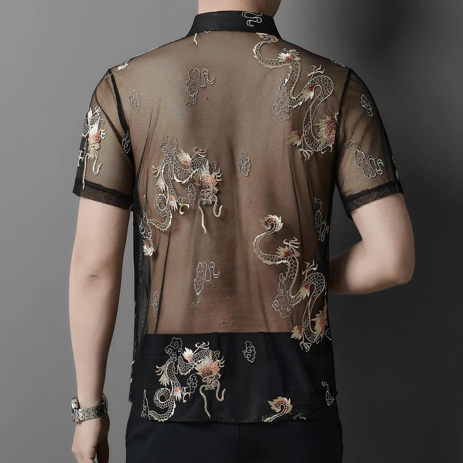 Men Women See Through Shirts Sexy Short Sleeve Night Club Fishnet Lace Shirt