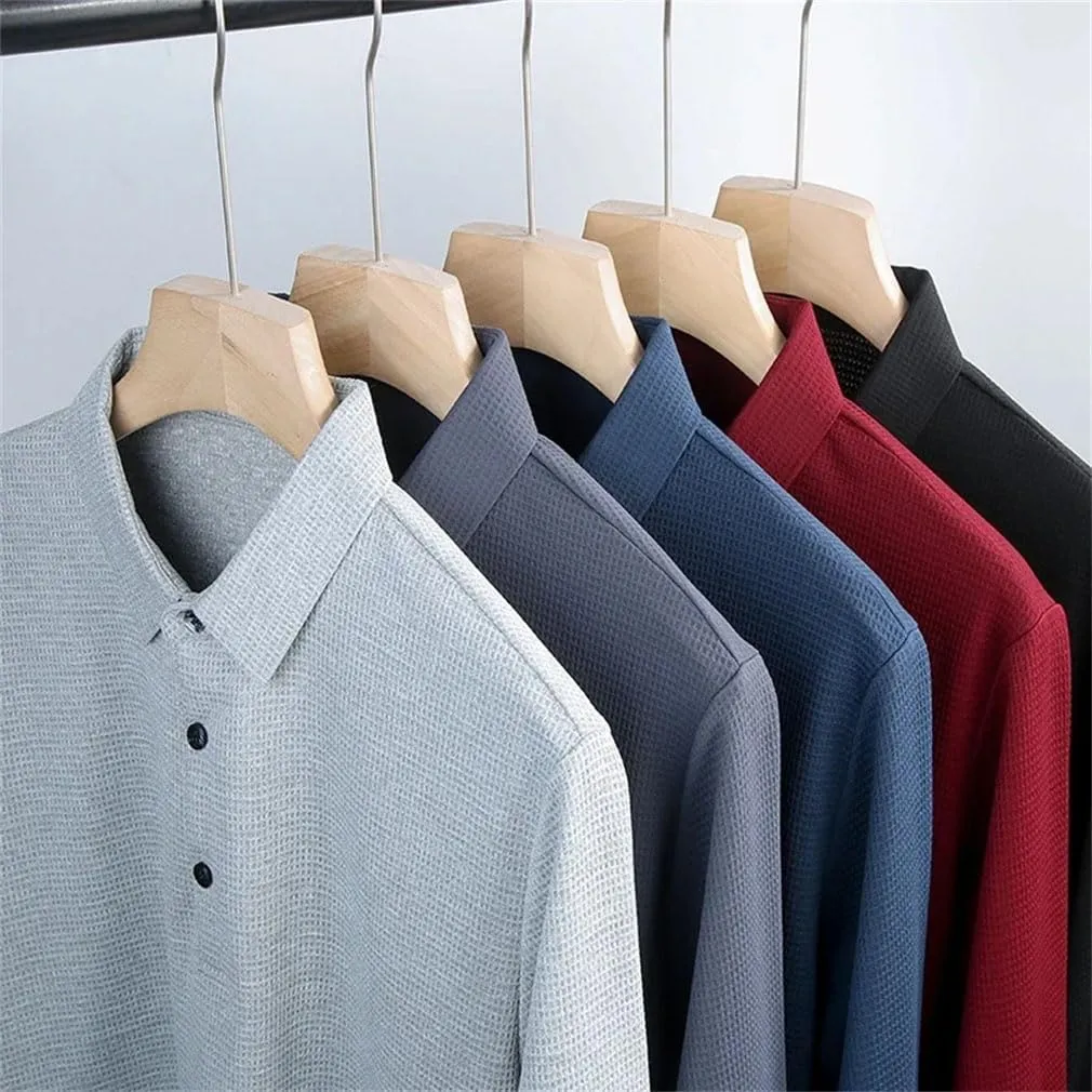 Men's Business Long Sleeved Shirt Solid Color Polo Shirt Breathable Dry Fit Collared Tshirt Tops