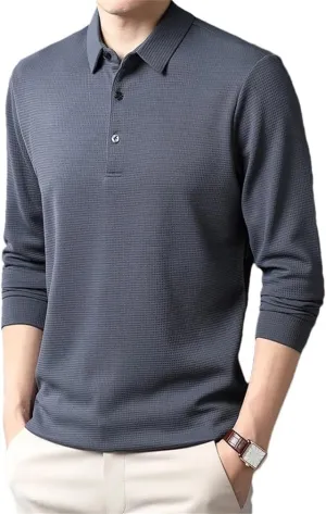 Men's Business Long Sleeved Shirt Solid Color Polo Shirt Breathable Dry Fit Collared Tshirt Tops