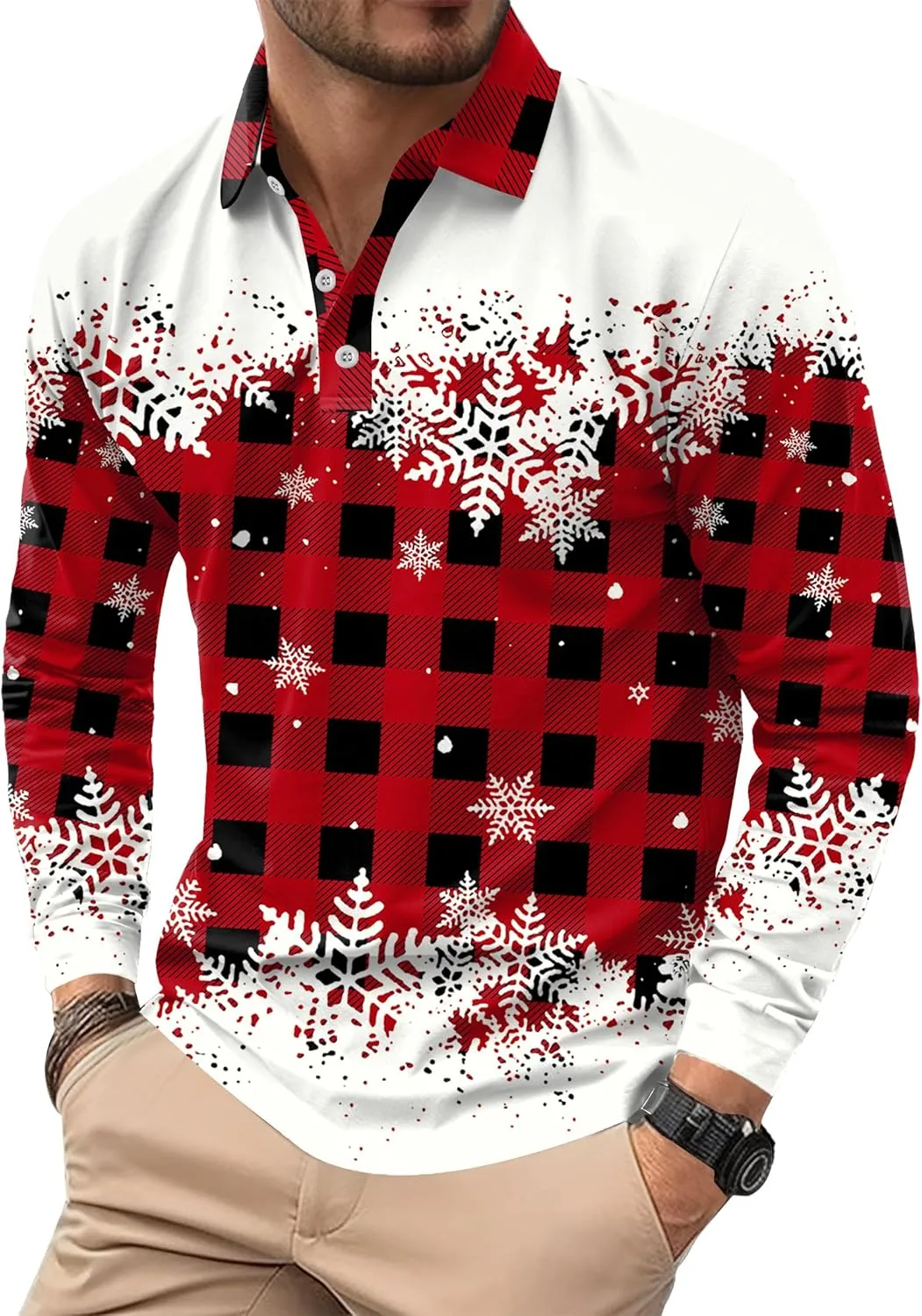 Mens Long Sleeve Polo Shirts Print Casual Vintage Classic Golf Shirt (S-XXL)